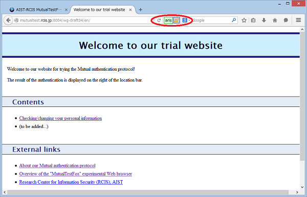 Figure 1: MutualTestFox, the browser implementing HTTP Mutual Access Authentication. It is easy to check the validity of the server by confirming the green user ID field.